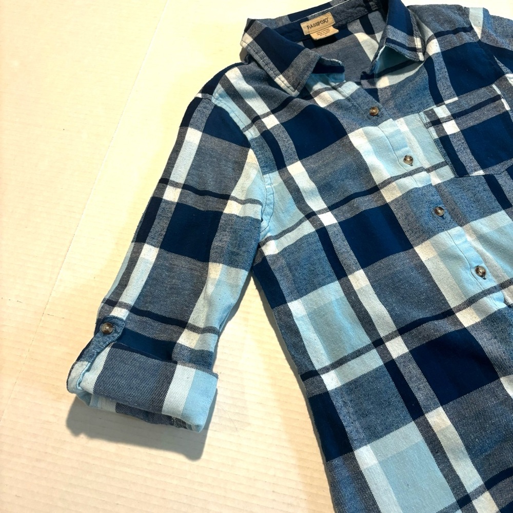 Passport Plaid Flannel Shirt Roll Tab Sleeve Blue Junior Size L or Womens Size S - Picture 7 of 9